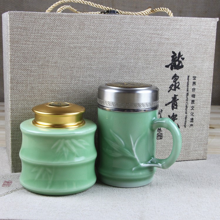 龍泉青瓷 精品陶瓷保溫杯茶葉罐禮品套裝 節(jié)日禮品定制logo