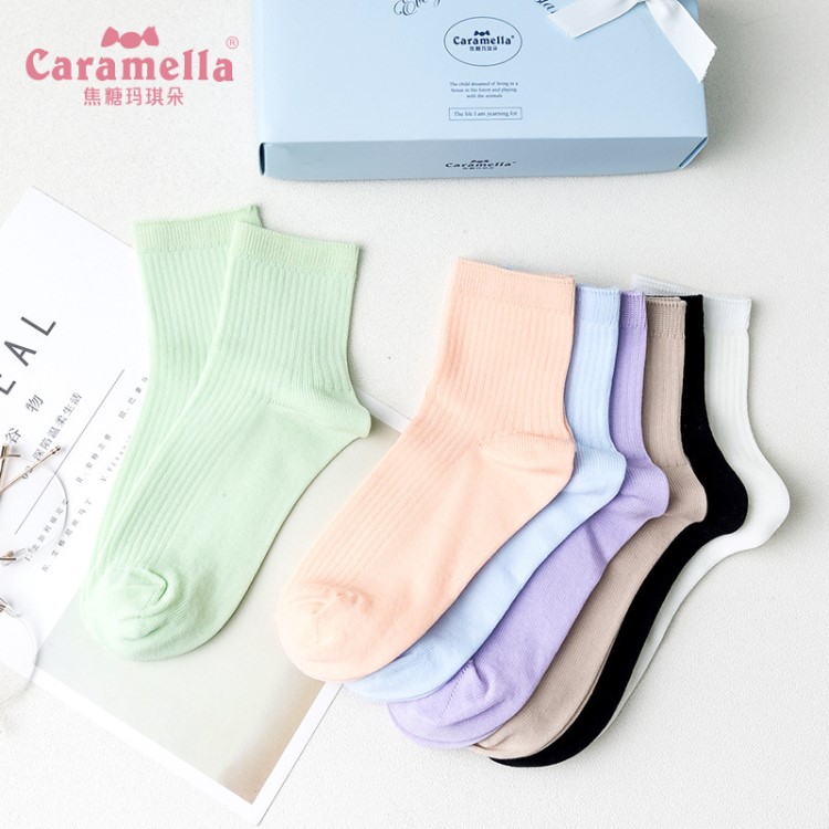 Caramella 2018春夏新品女袜 学院风丝光棉竖条短袜7双礼盒袜