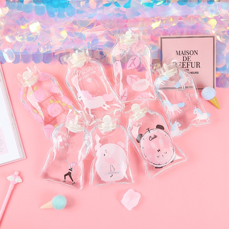 沐柒熙新款可愛卡通迷你PVC熱水袋 便攜式注水防爆透明暖手寶批發