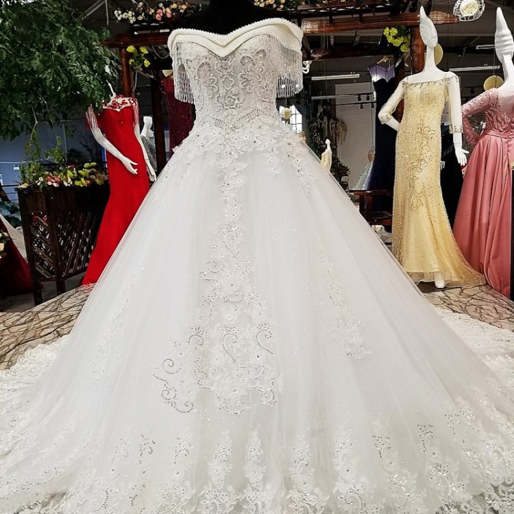 LS32545   豪華婚紗禮服串珠一字肩甜心立體花蕾絲長拖尾婚紗