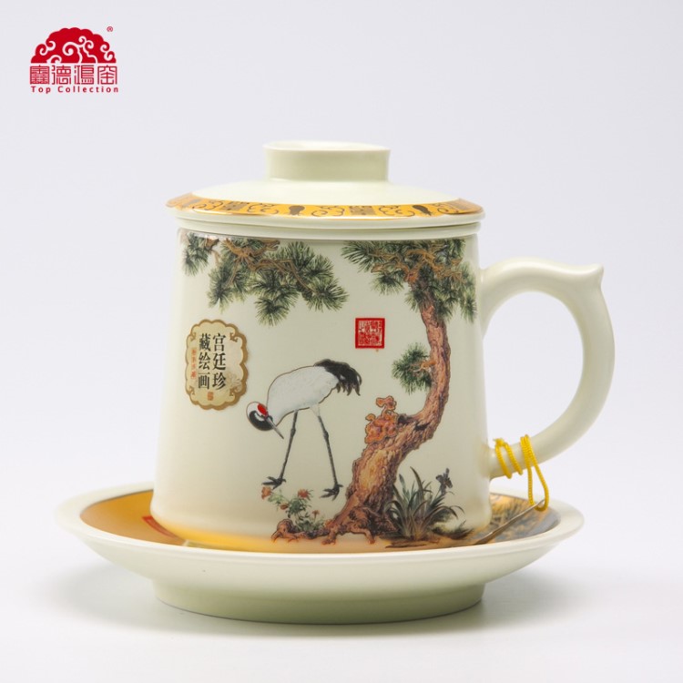 廠家直銷松鶴延年大號(hào)陶瓷泡茶杯水杯過(guò)濾內(nèi)膽帶蓋辦公杯可定制