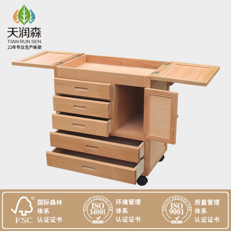 油畫(huà)車(chē)柜櫸木質(zhì)木制五抽屜型畫(huà)柜油畫(huà)工具車(chē)多功能存放車(chē)調(diào)色車(chē)