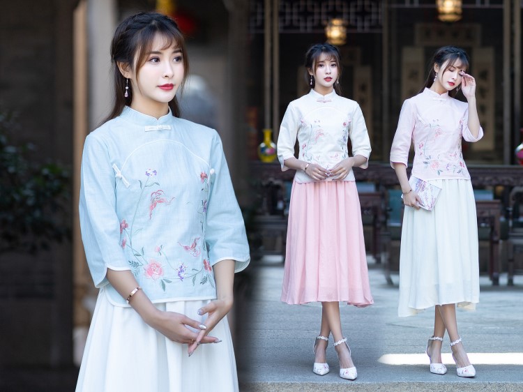 茶服班服女學生裝2019春夏新款民國風棉麻衫繡花上衣女裝