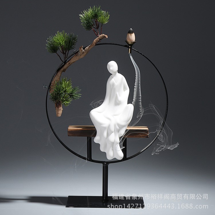 禪意家居工藝品白瓷擺件手工雕塑寧靜致遠小僧抽象人物木架倒流香