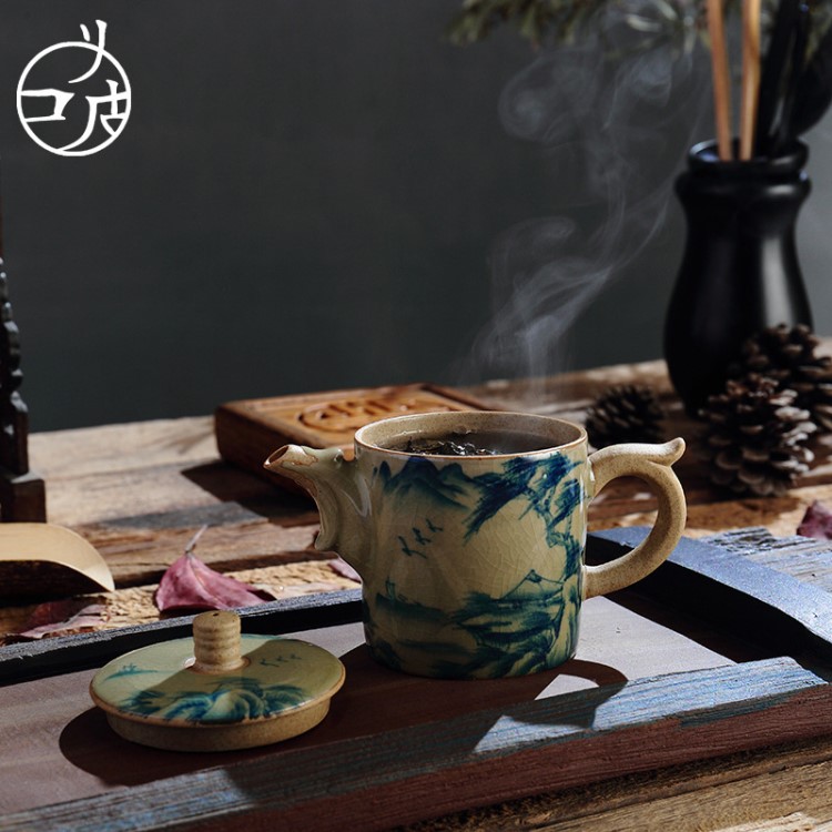 日式小茶壺茶具潮州手拉壺手工壺茶道手工彩繪山水仿古粗陶