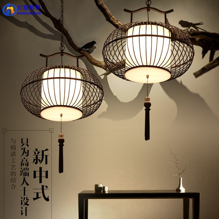 仿古鳥籠吊燈新中式鐵藝餐吊燈 創(chuàng)意個(gè)性茶樓會(huì)所過道走廊餐廳