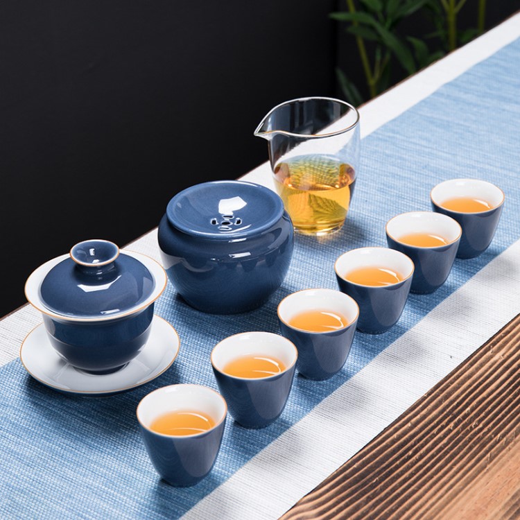 色釉胭脂紅蓋碗功夫茶具套裝茶藝手工陶瓷禮品整套禮盒裝定制