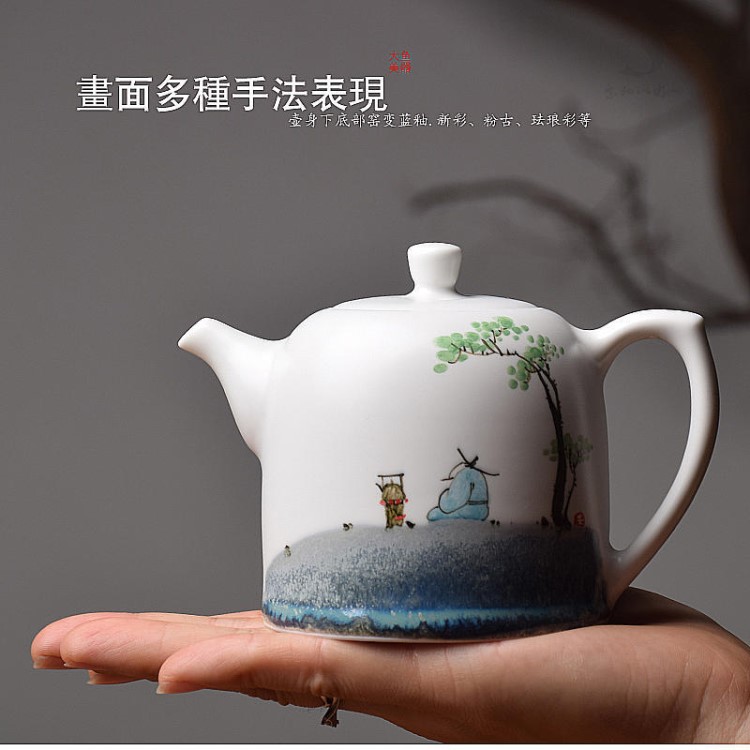 大鱼 手绘茶壶陶瓷功夫茶具套装单壶 景德镇手绘茶具过滤茶壶包邮