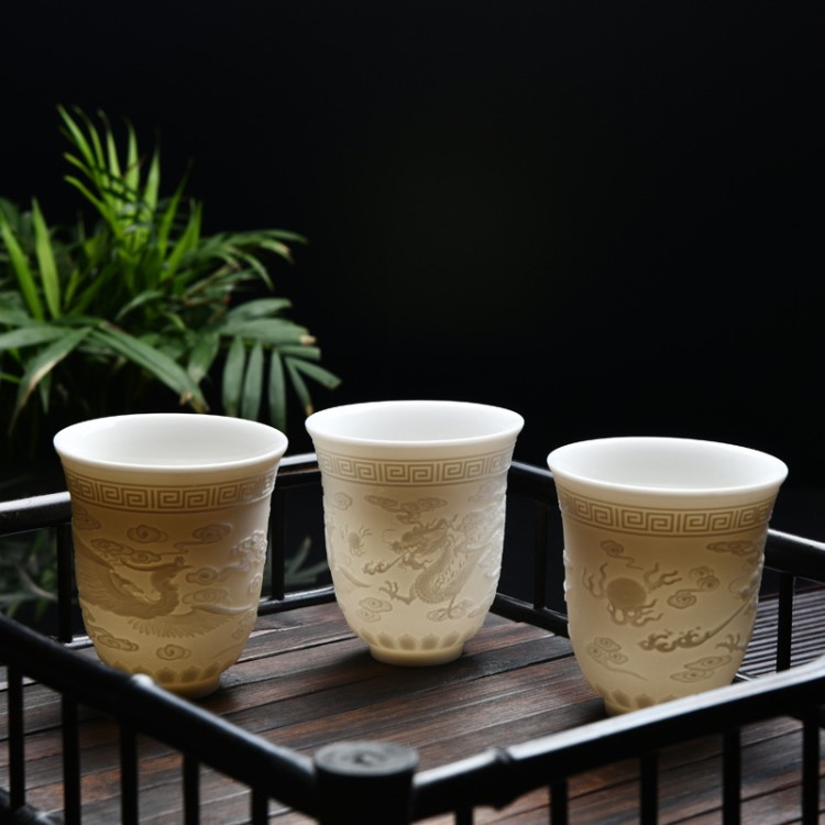 羊脂玉龍鳳杯瓷影雕白陶瓷主人品茗杯茶杯德化廠家定制logo