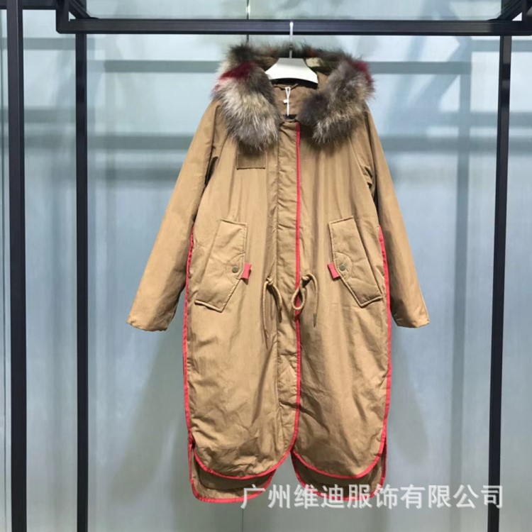 歐洲站牌子長款大毛領羽絨服品牌折扣女裝尾貨尾單批發走份