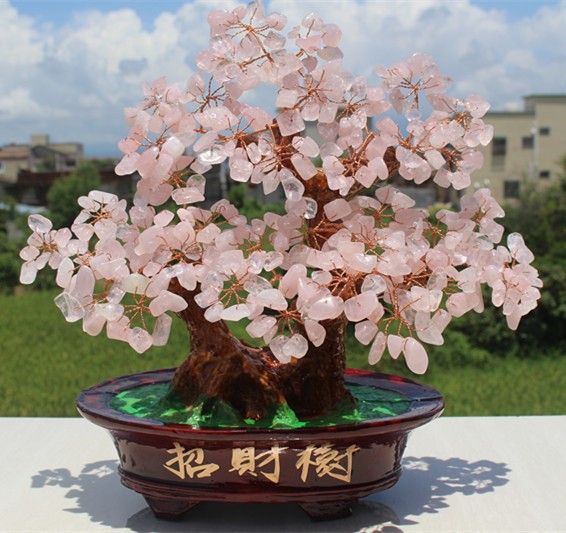 廠家批發(fā) 平安保險(xiǎn)創(chuàng)意禮品 天然粉水晶招財(cái)樹搖錢樹家居飾品擺件