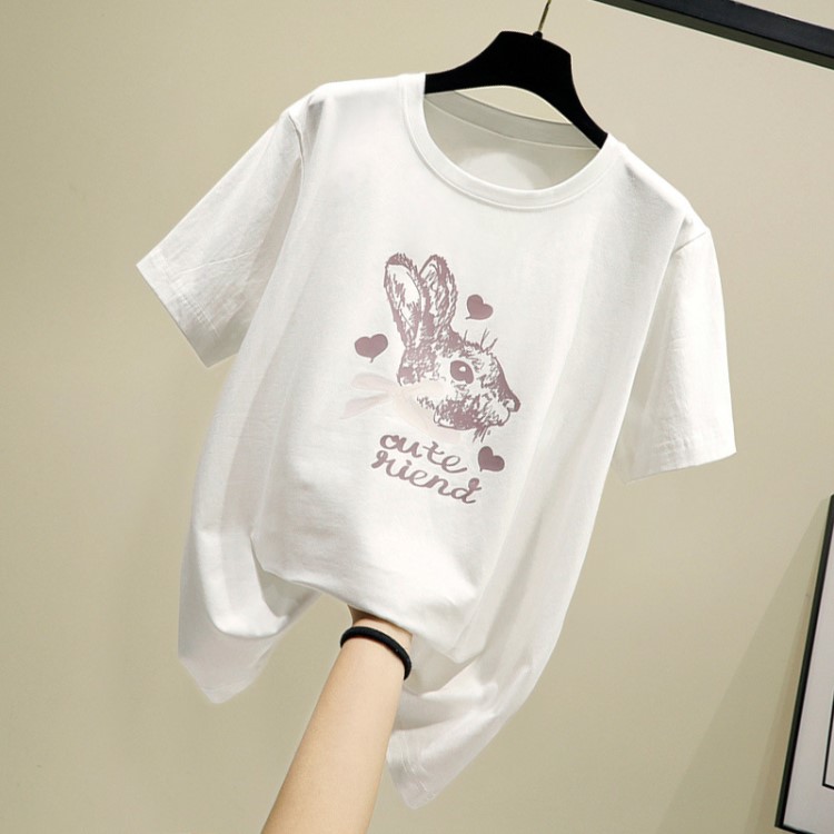 2019夏季新款以女裝韓版棉卡通小白兔百搭短袖T恤衫學生上衣