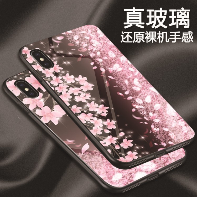 适用苹果x玻璃手机iphone8创意樱花玻璃彩绘手机壳OPPO手机壳定制