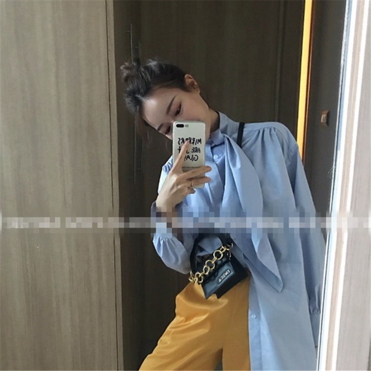 19春夏新款 小清新風淺藍色小葉子寬松領結襯衫長袖褶皺襯衫女