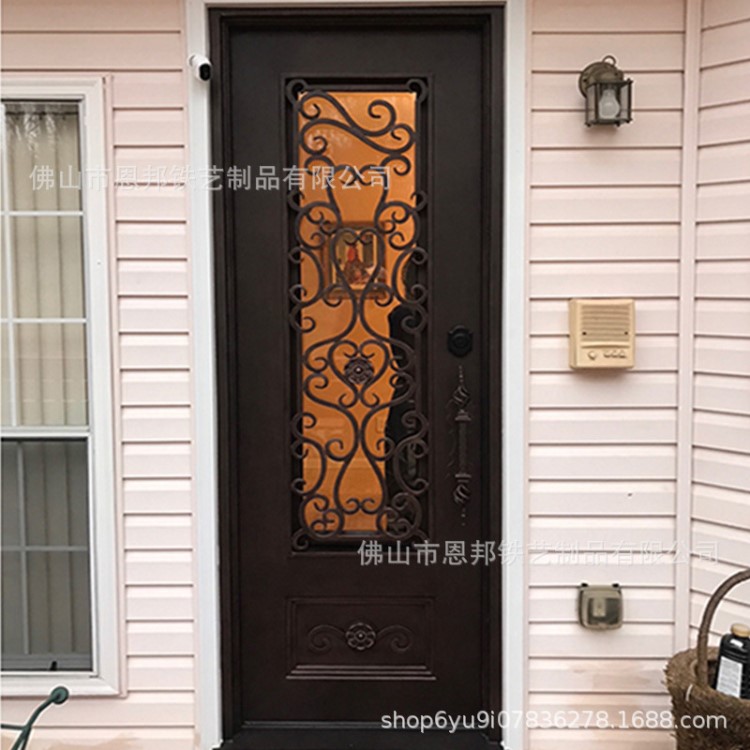 佛山工廠定制別墅門歐式鐵藝鋼質入戶門單門茶色雙層玻璃防蚊
