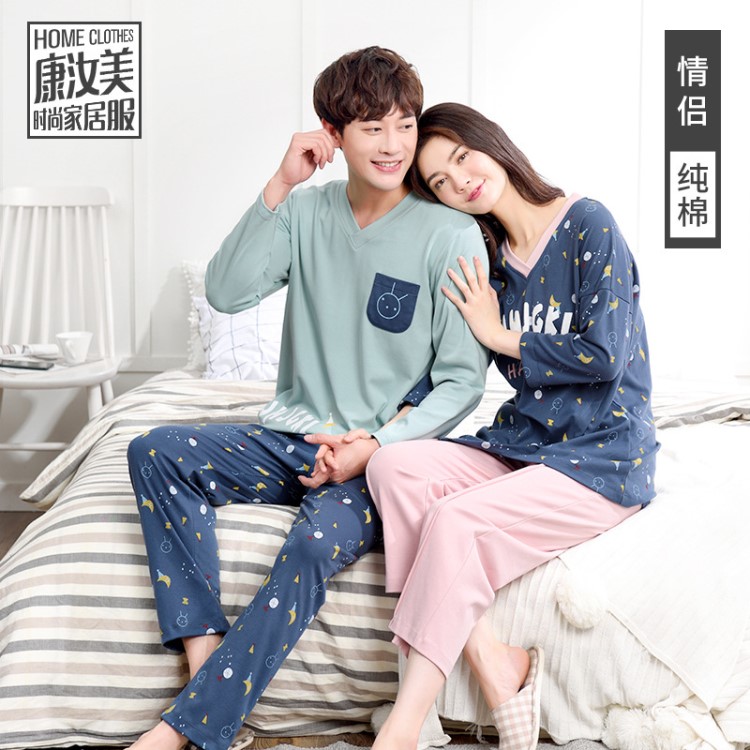 新品韓版家居服男女士長(zhǎng)袖長(zhǎng)褲睡衣2019春秋季情侶棉可愛套裝