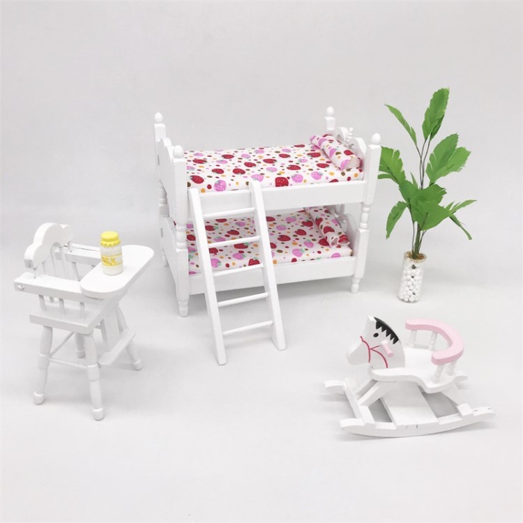 1:12娃娃屋dollhouse迷你家具模型兒童房場景木質雙層床玩具疊床