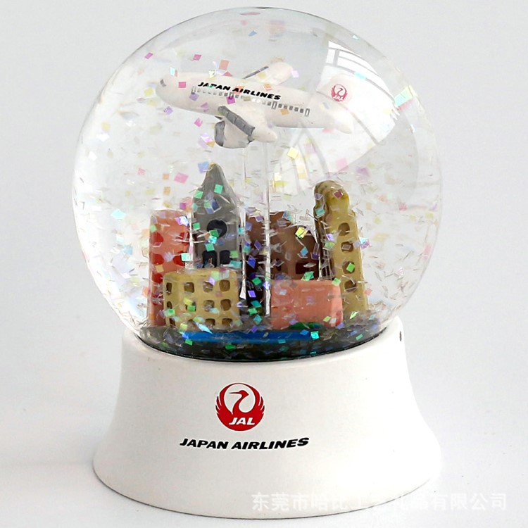 【商務(wù)廣告雪花球定制】帶公司LOGO飛機(jī)與建筑物樹脂雪花水晶球