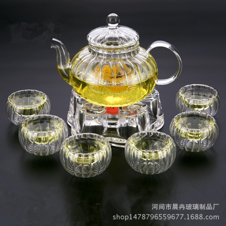 耐熱玻璃茶具 廠家批發(fā) 玻璃條紋南瓜壺 功夫茶具花茶壺花料壺