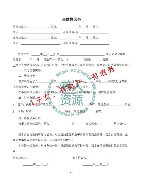 打印紙質(zhì)版離婚協(xié)議書(shū)離婚合同凈身分割子女撫養(yǎng)債務(wù)處理財(cái)產(chǎn)出戶(hù)