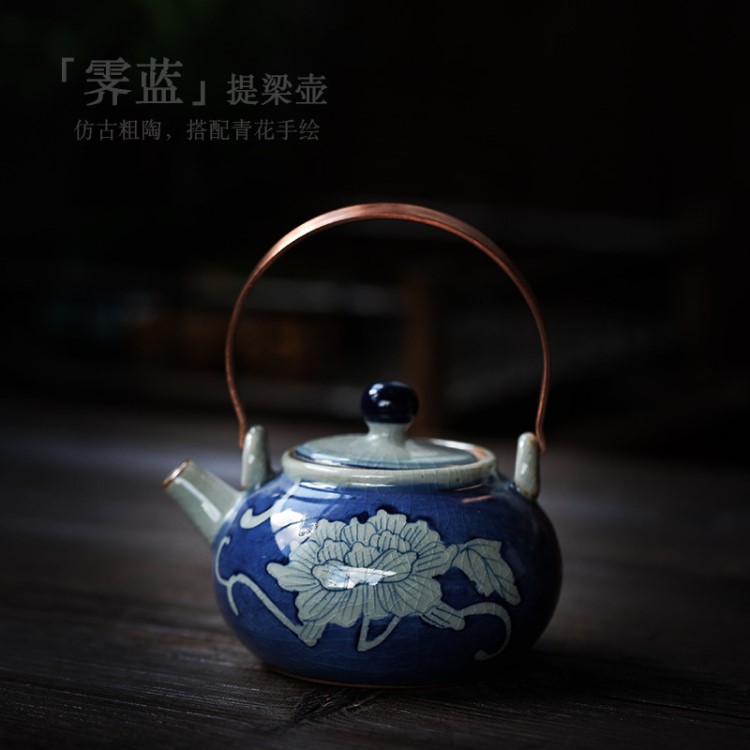 尚岩 青花瓷手绘陶瓷茶壶家用 小号仿古提梁壶泡茶壶功夫茶具单壶