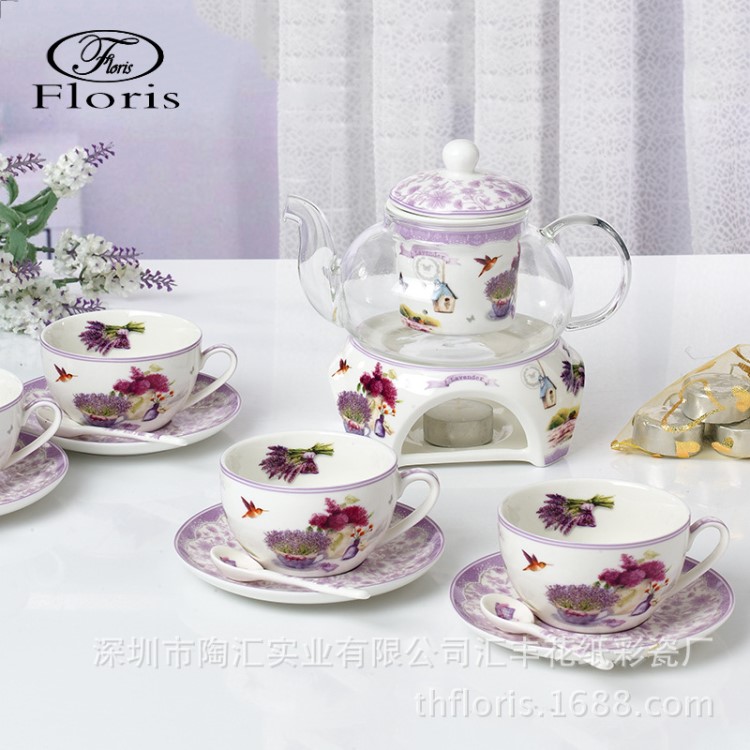 現(xiàn)貨批發(fā)歐式田園花茶具咖啡杯碟套裝婚禮茶杯咖啡具加熱玻璃茶壺