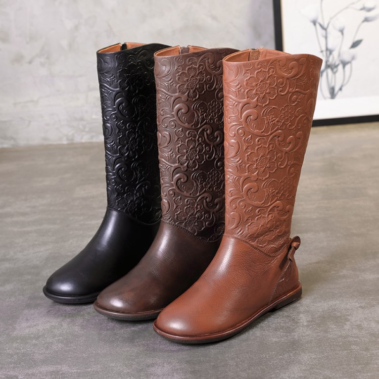 2018秋冬款絨里保暖圓頭民族復古長靴 手工軟底真皮平跟女鞋廠家