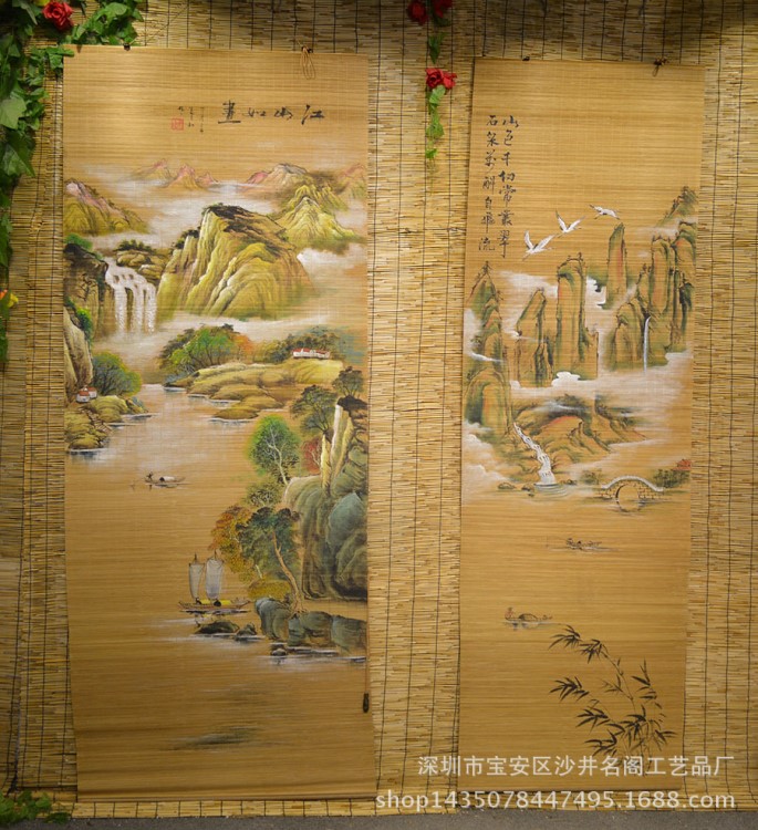 手绘竹帘彩绘画会所隔断禅意竹子画可收缩挂帘山东厂家遮阳窗帘画