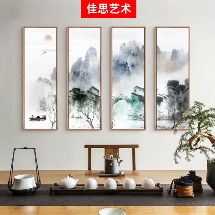 廠家一件代發(fā)中式山水 裝飾畫(huà)高端會(huì)所茶樓掛畫(huà) 水墨江南四聯(lián)畫(huà)