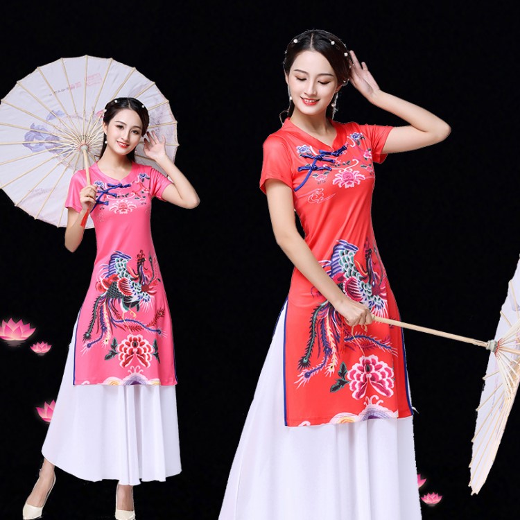 2019婷姿美廣場(chǎng)舞服裝新款套裝春夏大碼改良旗袍舞蹈服演出走秀服