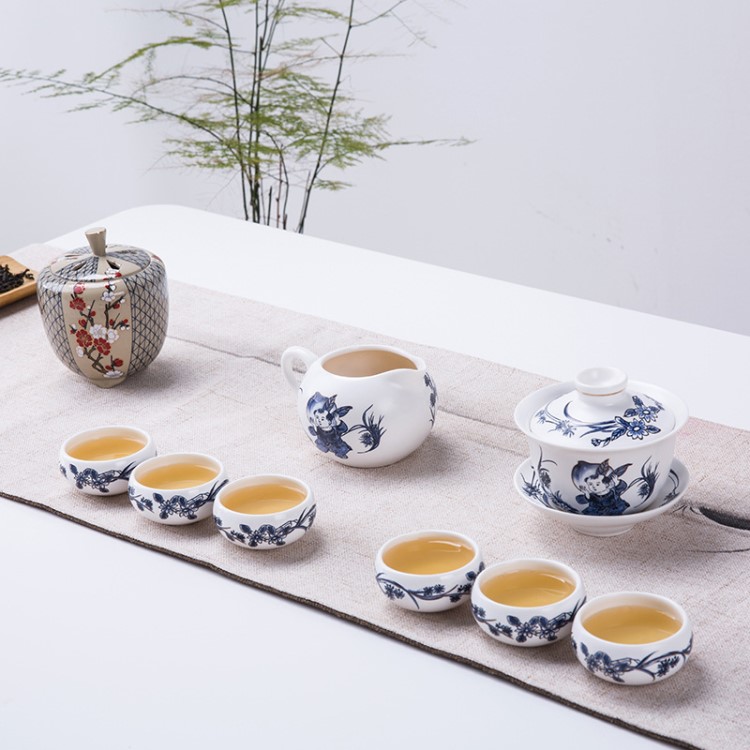 品牌陶瓷德化白瓷青花金絲茶具套裝功夫茶具蓋碗套組手抓壺茶具組
