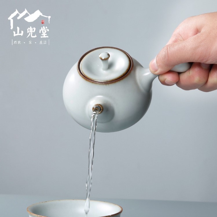 汝窯茶壺 日式粗陶側(cè)把急須壺 陶瓷茶具套裝泡茶碗 青瓷定窯批發(fā)