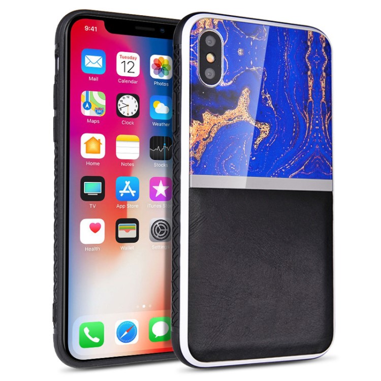 適用iphonexs max原創(chuàng)鋼化玻璃大理石圖案拼接頭層真皮時(shí)尚保護(hù)套