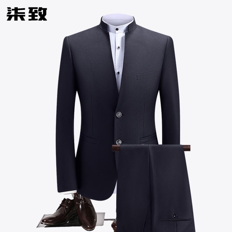 2019西服套装男士修身立领西装时尚正装职业装新郎结婚礼服两件套