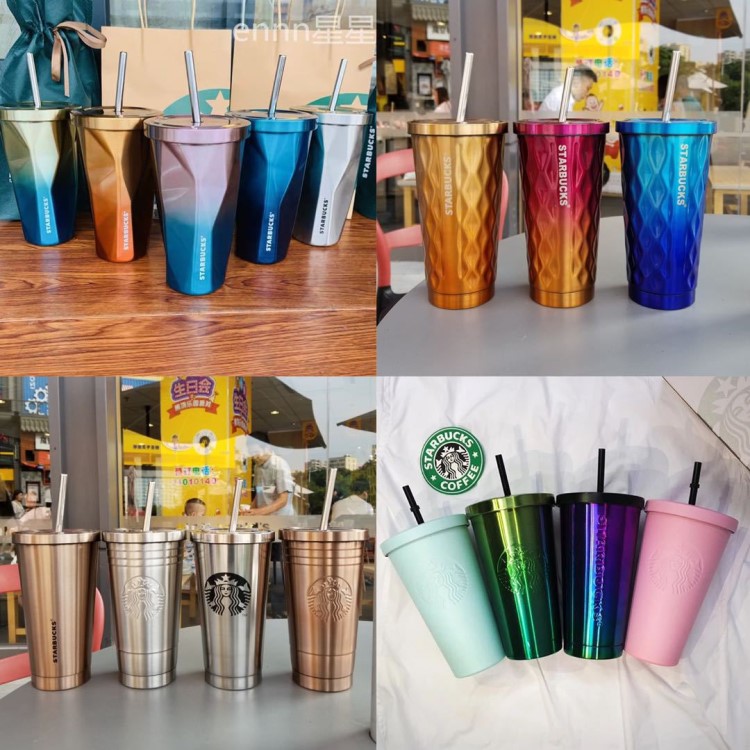 爆款2019新款菱形吸管杯不銹鋼杯子冰塊漸變辦公杯隨行杯車載杯