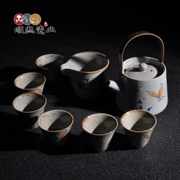 手寫禪哥窯復古青花瓷提梁壺 功夫茶具套裝 手提壺 整套陶瓷茶具