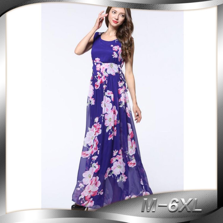 2016夏裝歐美印花高端外貿大碼雪紡大擺連衣裙 一件代發外模實拍