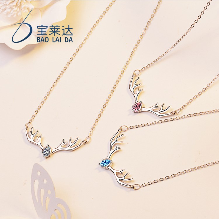 一鹿有你s925銀韓版麋鹿項鏈 圣誕節(jié)禮物小鹿角吊墜女式鎖骨鏈