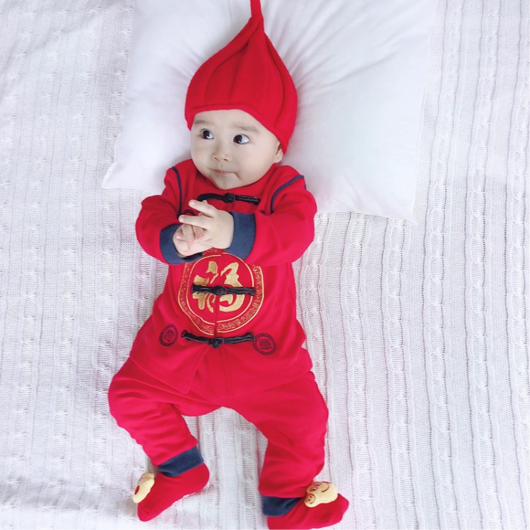 春秋冬嬰幼兒滿月服裝 1-3歲寶寶紅色長袖中國紅棉質(zhì)外出服套裝