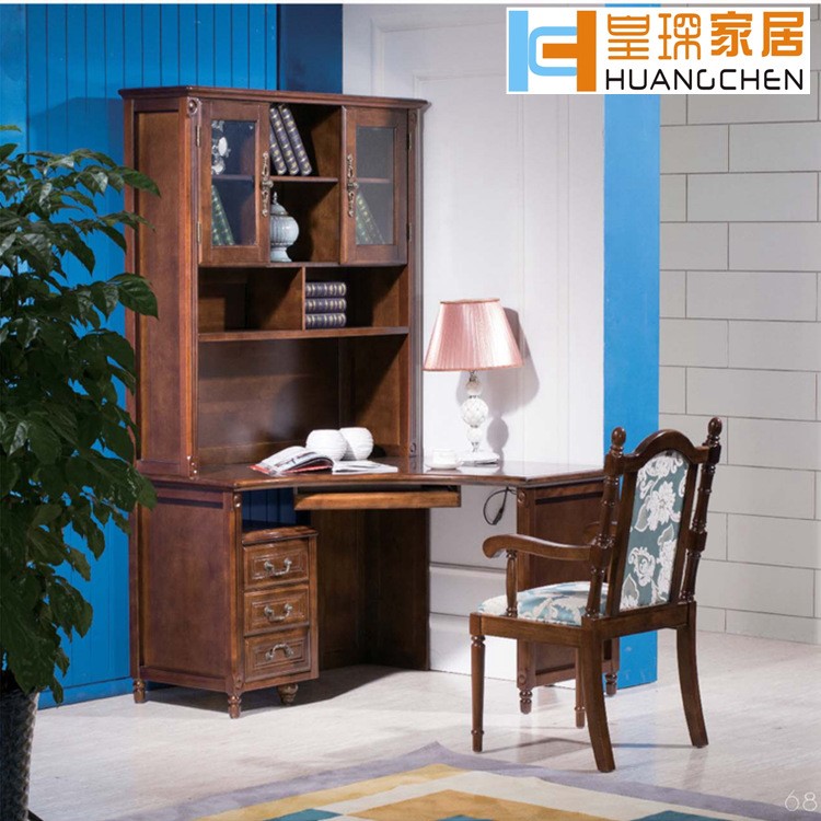 皇琛家居美式全實(shí)木桃花心木書房家具簡美轉(zhuǎn)角書桌寫字臺工廠批發(fā)