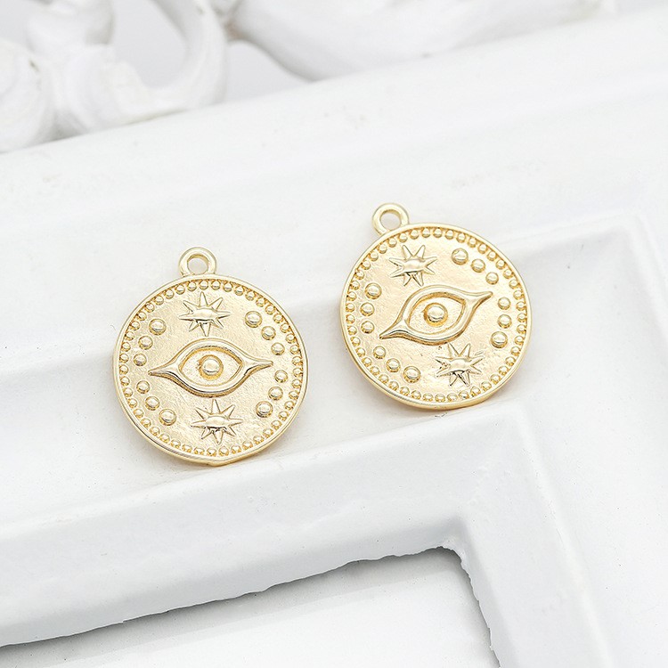 diy飾品配件銅鍍14K真金眼睛硬幣掛件韓版diy耳飾手工項鏈吊墜