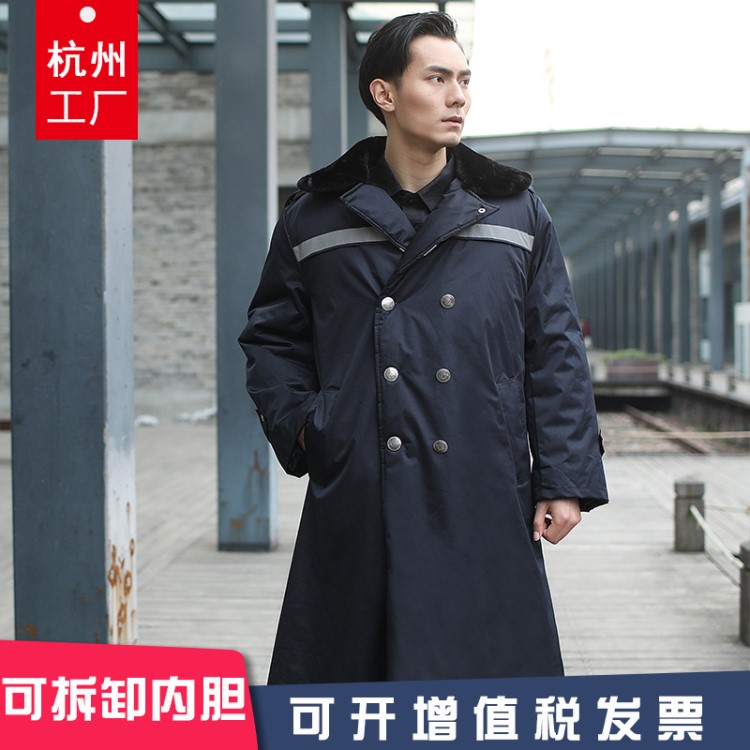 冬季長款反光保安大衣黑色多功能加絨加厚防寒保暖物業(yè)勞保保安服