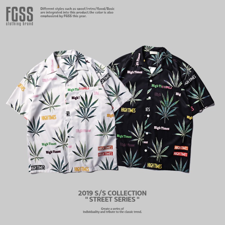 FGSS男裝|2019夏季新款掉肩大麻葉子滿屏版數(shù)碼印花男式短袖襯衫