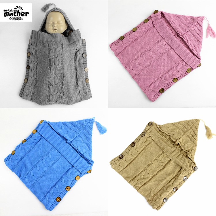 跨境貨源秋冬嬰幼兒針織毛線睡袋新款紐扣攝影道具推車睡袋308