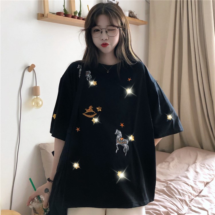 6535棉2019新款夏裝韓版刺繡珠片天馬短袖T恤女寬松學生上衣服