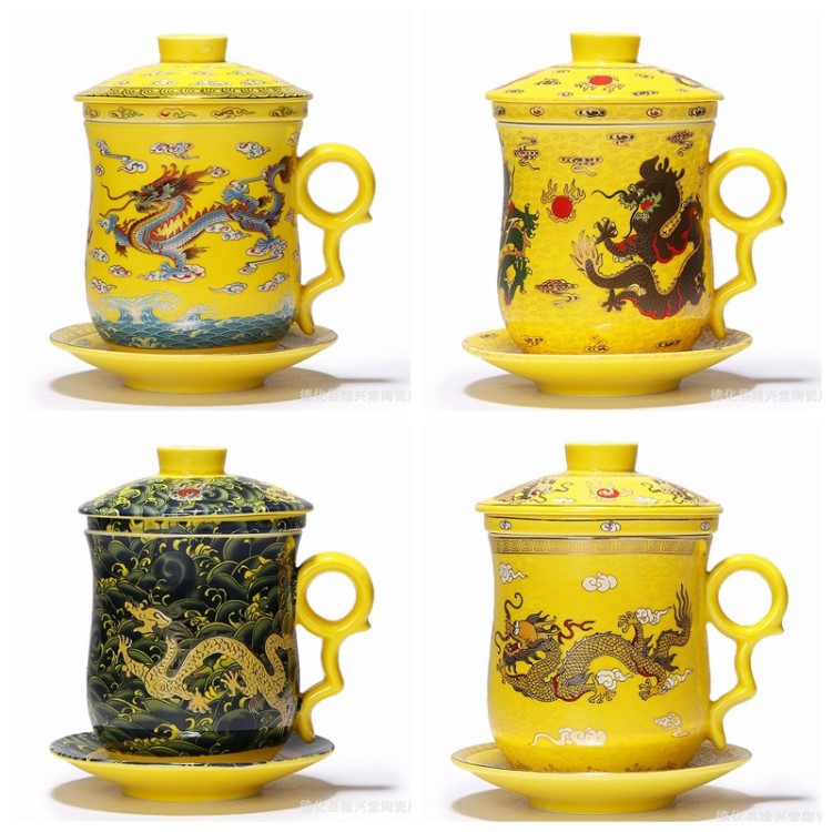 廠家直銷創意廣告陶瓷龍鳳情侶酒店四件水杯具婚慶禮品印定制logo