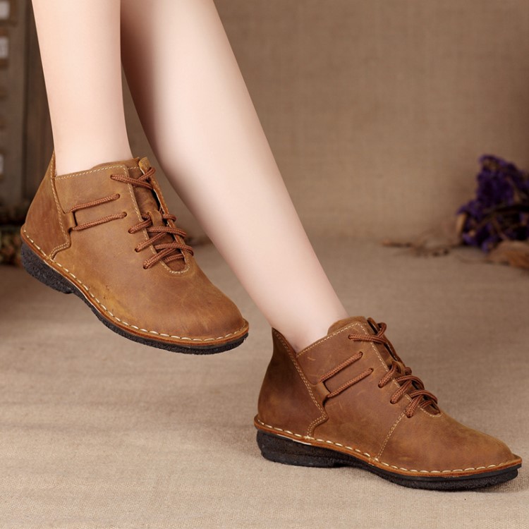 文杏儿日系百搭真皮女鞋手工复古短靴女新款舒适圆头平跟森女靴子