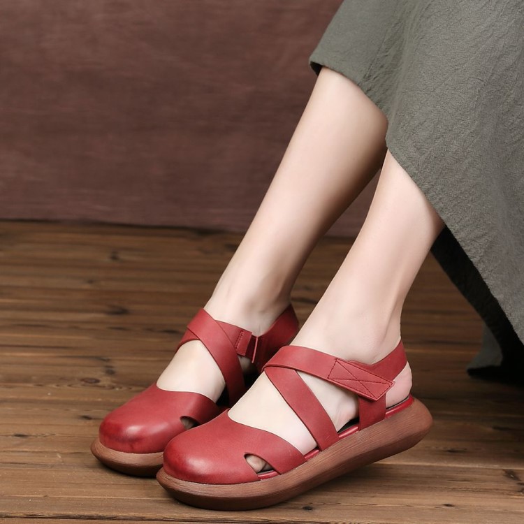 2019新款牛皮厚底凉鞋复古松糕底多带厚底坡跟包头休闲女凉潮鞋女