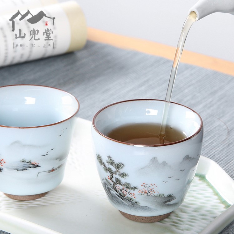 主人杯定制 青瓷手繪功夫茶杯 陶瓷禮品茶具品茗杯 官窯單杯 金獎(jiǎng)