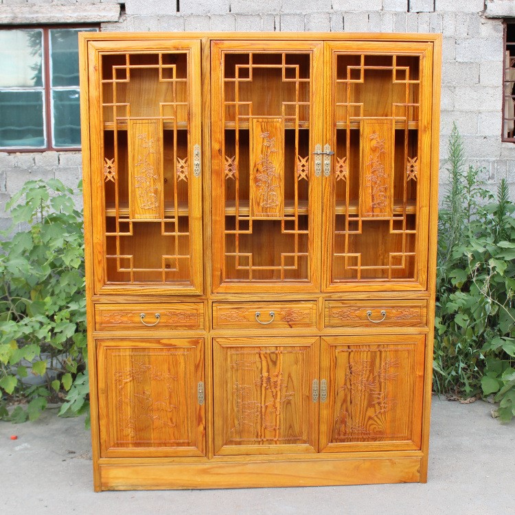實木三門書柜書房博古架仿古辦公窒文件儲物櫥中式隔斷榆木家具廠